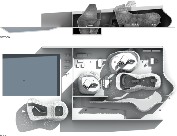 A side- and upward-facing model of a modern home.  