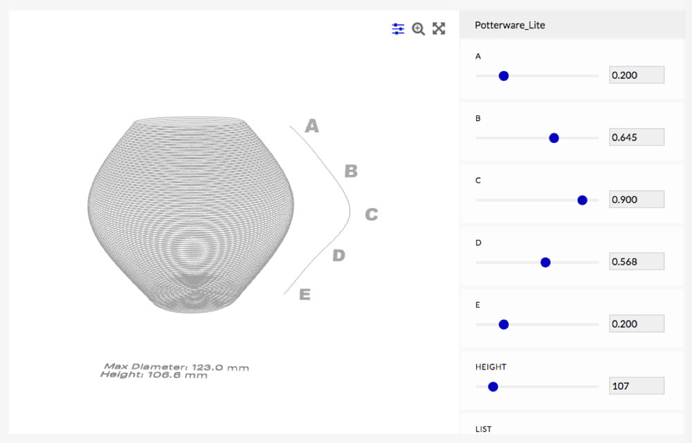 An app with adjustment tools and a model of a pot.  